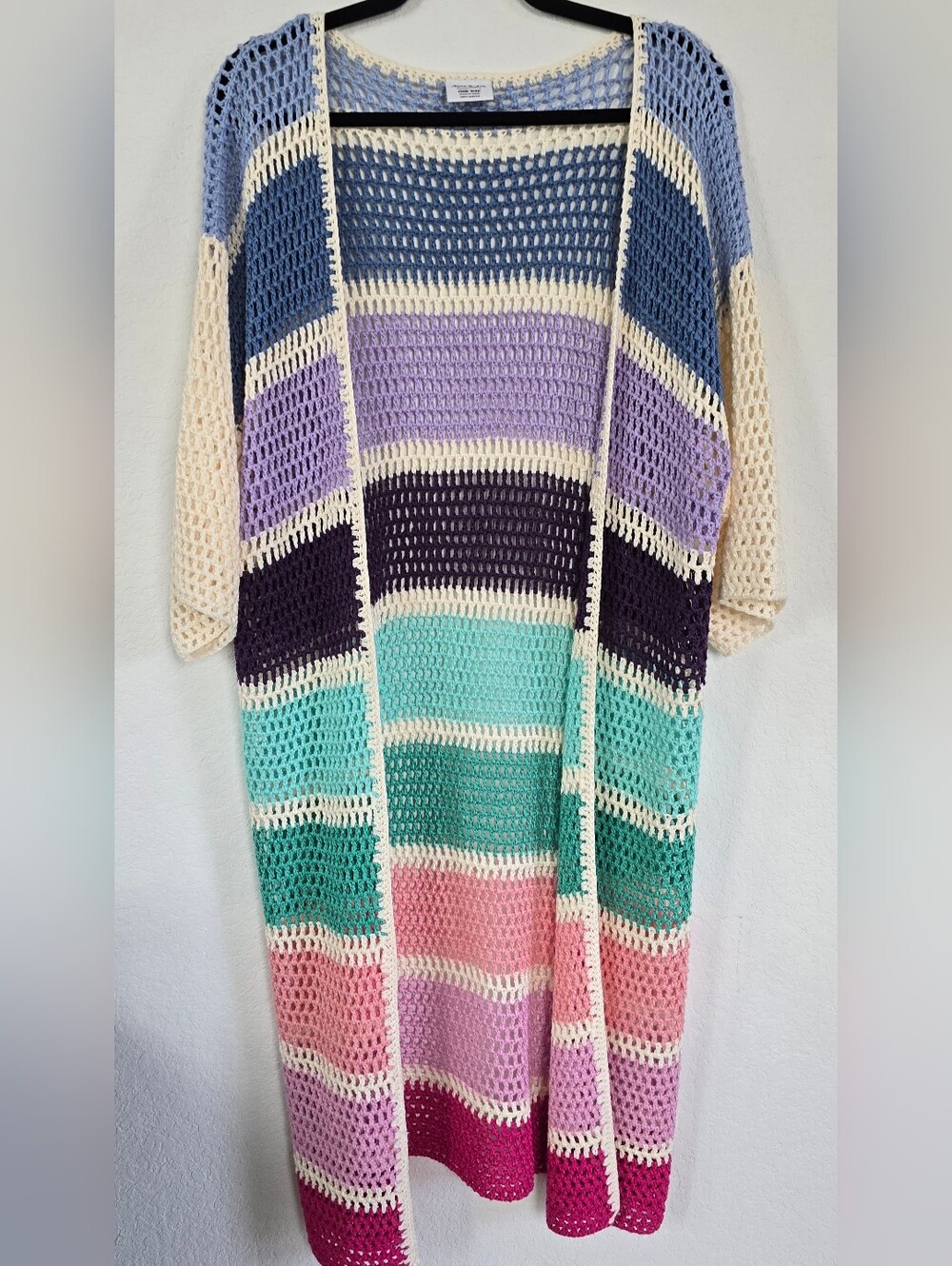 Multicolor Crochet Longline Sweater Cardigan - Cream Trim